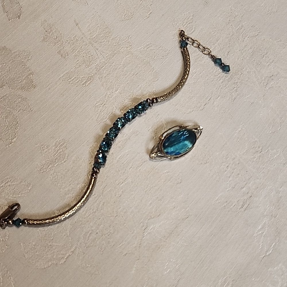 Art Deco Vintage Sterling Silver & Blue Aquamarine Braclet & Brooch Pin Set!